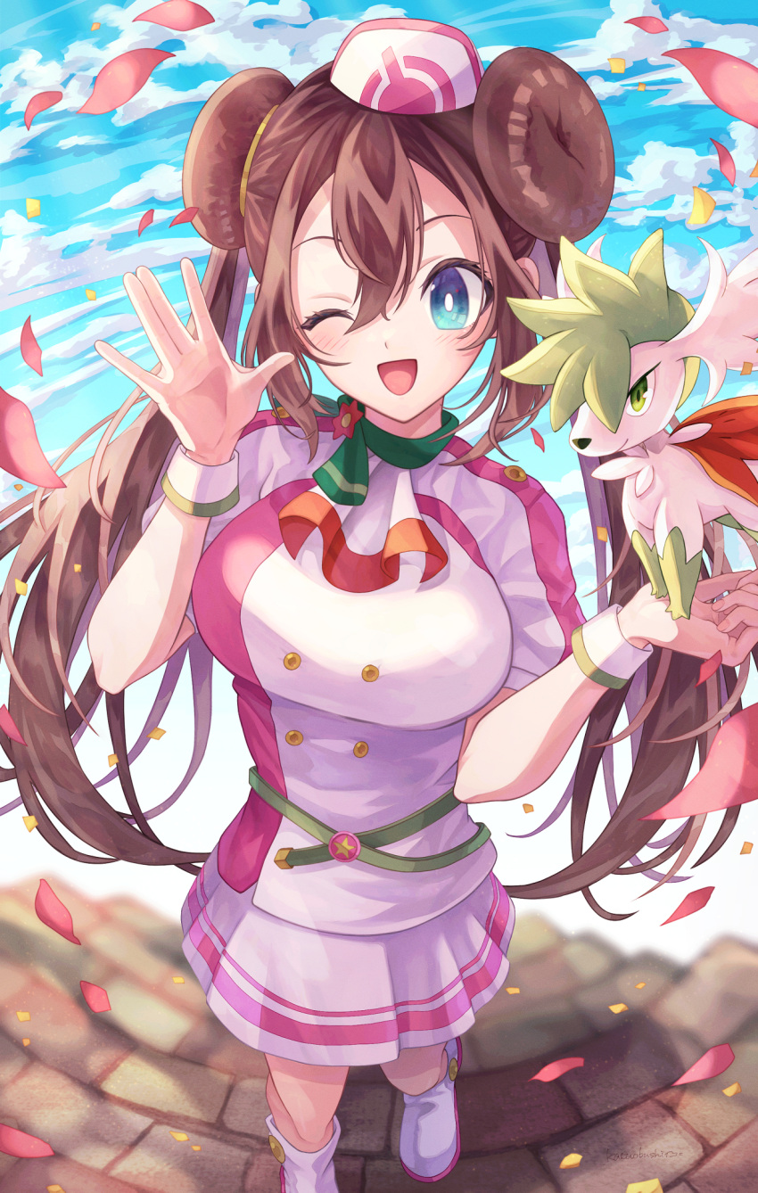 1girl, ;d, bangs, blue_eyes, blush, breasts, bright_pupils, buttons, clouds, commentary_request, day, double_bun, falling_petals, green_belt, hair_between_eyes, hair_bun, hands_up, happy, hat, highres, katuobushi04, long_hair, official_alternate_costume, one_eye_closed, open_mouth, outdoors, petals, pleated_skirt, pokemon, pokemon_(creature), pokemon_(game), pokemon_masters_ex, rosa_(pokemon), shaymin, shaymin_(sky), skirt, sky, smile, standing, tongue, twintails, white_headwear, white_pupils, wrist_cuffs