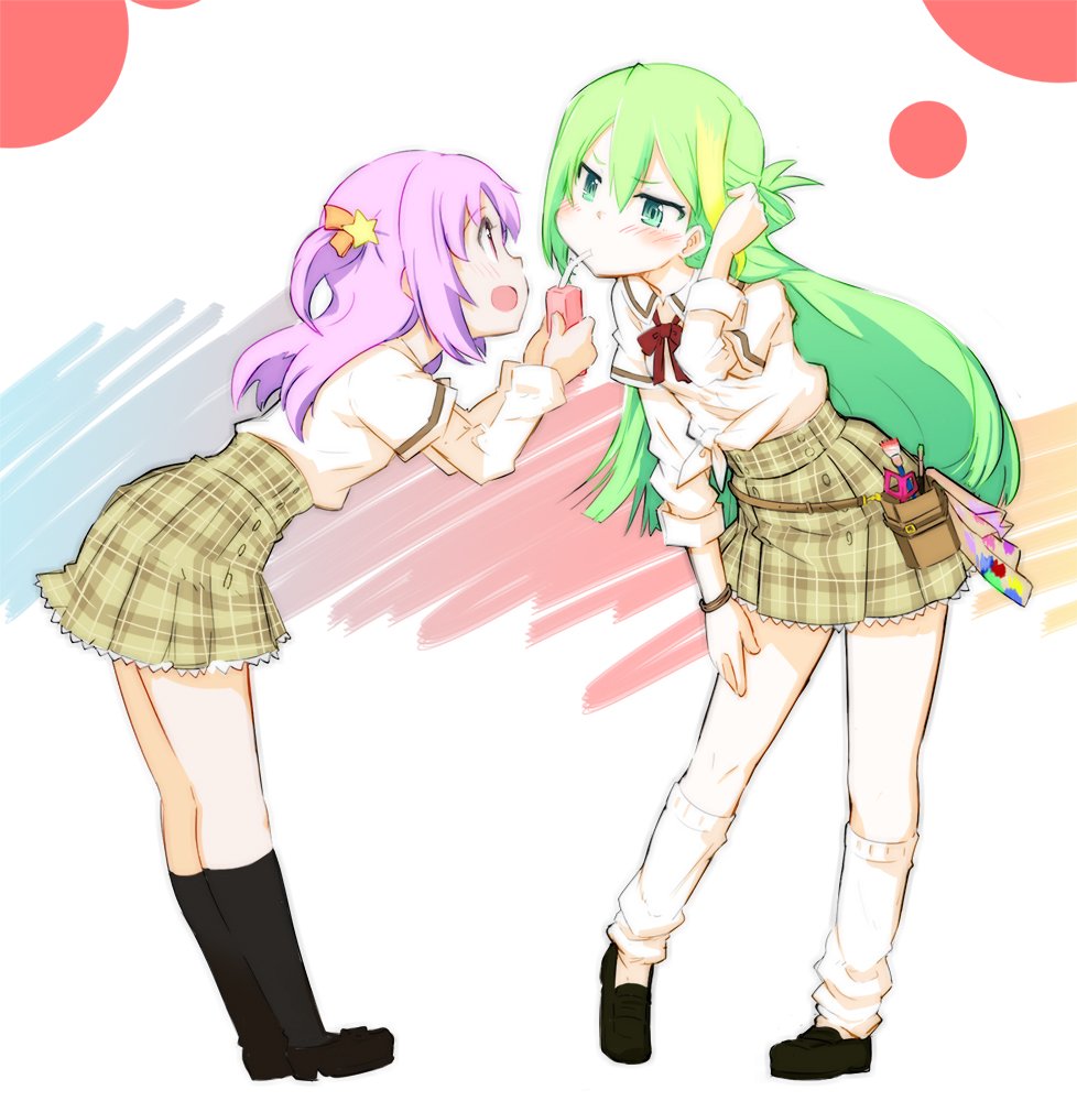 2girls, alina_gray, aqua_eyes, bangs, belt_pouch, blunt_ends, blush, bow, bowtie, breasts, green_hair, hair_between_eyes, hair_ornament, hair_ribbon, hair_rings, kneehighs, long_hair, loose_bowtie, loose_socks, magia_record:_mahou_shoujo_madoka_magica_gaiden, mahou_shoujo_madoka_magica, masu_gitsune, medium_hair, misono_karin, multicolored_hair, multiple_girls, open_mouth, orange_ribbon, paint_stains, parted_bangs, parted_hair, pouch, purple_hair, rag, red_wristband, ribbon, sakae_general_school_uniform, school_uniform, shirt, side-tie_shirt, sidelocks, sleeves_rolled_up, small_breasts, socks, star_(symbol), star_hair_ornament, straight_hair, streaked_hair, two_side_up, violet_eyes, white_socks, wristband