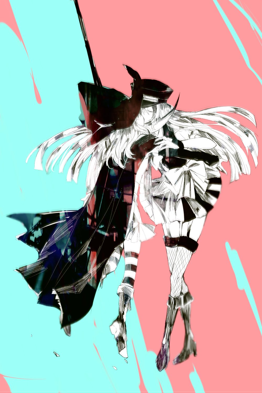 2girls, alina_gray, arm_warmers, bangs, black_bow, black_cape, black_footwear, black_headwear, black_necktie, black_sleeves, black_thighhighs, blunt_ends, boots, bow, cape, collar, cross-laced_footwear, cross_tie, detached_collar, detached_sleeves, fishnet_thighhighs, fishnets, fold-over_boots, fur-trimmed_thighhighs, fur_cuffs, fur_trim, garter_straps, hair_between_eyes, hat, highres, kyomukyomu_teyun, long_hair, magia_record:_mahou_shoujo_madoka_magica_gaiden, magical_girl, mahou_shoujo_madoka_magica, medium_hair, miniskirt, misono_karin, multiple_girls, necktie, parted_bangs, parted_hair, partially_colored, peaked_cap, pleated_skirt, puffy_short_sleeves, puffy_sleeves, scythe, see-through, see-through_sleeves, short_sleeves, sidelocks, skirt, sleeve_cuffs, straight_hair, striped, striped_skirt, striped_thighhighs, thigh-highs, two_side_up, vertical-striped_skirt, vertical_stripes, very_long_hair, waist_bow, white_collar, white_skirt, white_sleeves, witch_hat