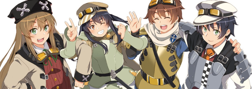 2boys, 2girls, armor, black_hair, brown_hair, coat, el_mofus_(rance_10), el_mofus_2_(rance_10), el_mofus_3_(rance_10), el_mofus_4_(rance_10), goggles, green_eyes, hat, long_hair, multiple_boys, multiple_girls, official_art, rance_(series), rance_10, red_eyes, takkun_(artist), twintails