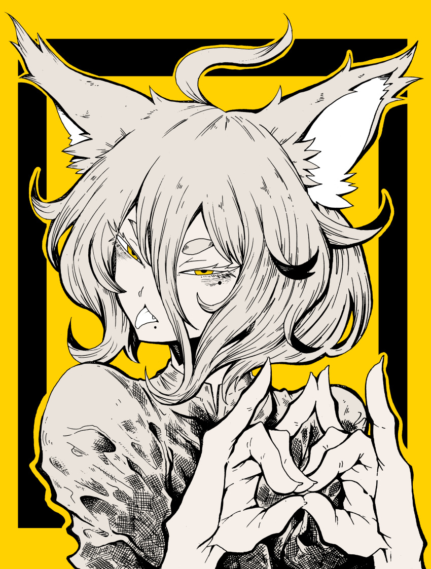 1girl, absurdres, ahoge, animal_ears, bangs, closed_mouth, fang, fox_ears