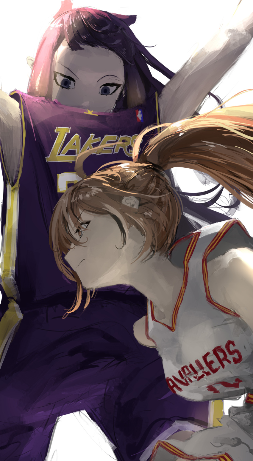 2girls, absurdres, arms_up, azura_(azuart0), basketball_jersey, basketball_uniform, brown_eyes, brown_hair