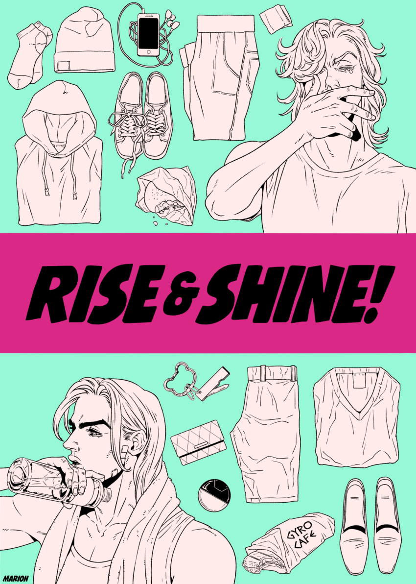 2boys, bottle, burger, canteen, cellphone, denim, drinking, earphones, flat_color, folded_clothes, food, gyro, gyro_zeppeli, highres, hood, hooded_sweater, hoodie, iphone, jeans, johnny_joestar, jojo_no_kimyou_na_bouken, male_focus, marion-ville, monochrome, multiple_boys, name_connection, pants, parted_lips, phone, pun, shoes, smartphone, sneakers, socks, steel_ball_run, sweater, yawning