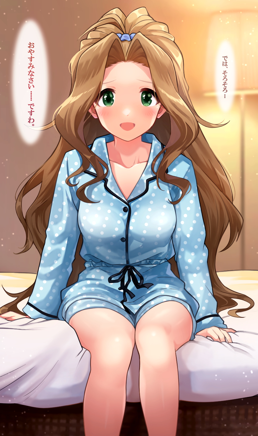 1girl, arm_support, bangs, bare_legs, blurry, blush, brown_hair, feet_out_of_frame