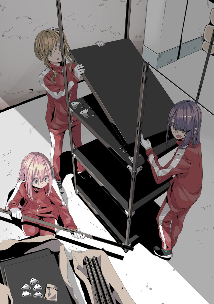 afro_(kngotezo), blue_eyes, flat_color, highres, inuyama_aoi, kagamihara_nadeshiko, official_art, oogaki_chiaki, pink_hair, purple_hair, source_request, tagme, yurucamp