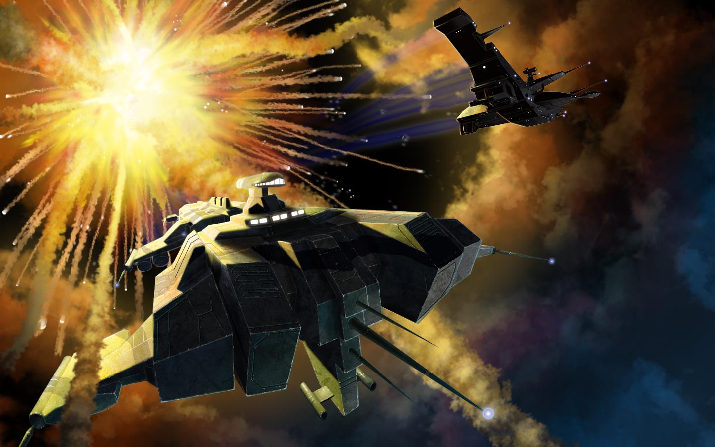 battle, battlecruiser_(eve_online), battleship_(eve_online), caldari_state_(eve_online), debris, eve_online, explosion, fire, flying, glowing, krats, machinery, military, military_vehicle, no_humans, outdoors, raven_(eve_online), science_fiction, sky, smoke, space, spacecraft, star_(sky), starry_sky