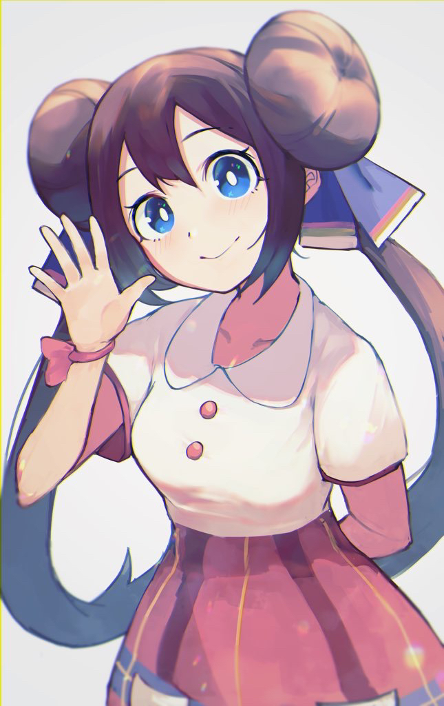 1girl, arm_behind_back, blue_eyes, blush, bright_pupils, brown_hair, buttons, closed_mouth