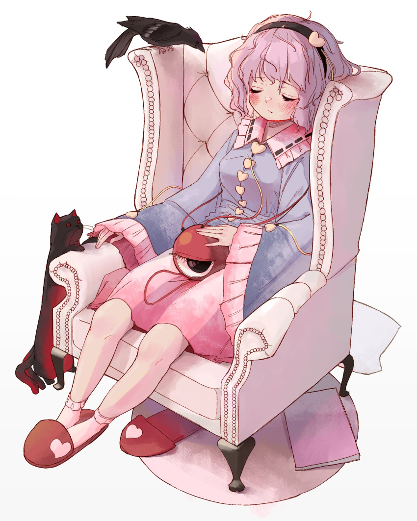 1girl, absurdres, armchair, bangs, bird, black_eyes, black_hairband, blue_shirt