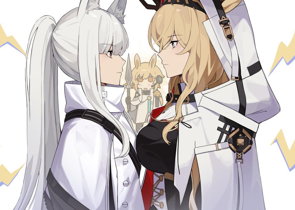 3girls, animal_ear_fluff, animal_ears, arknights, blonde_hair, breasts, cape, deer_ears, deer_girl, ears_through_headwear, holding, holding_weapon, hood, hooded_cape, horse_ears, horse_girl, large_breasts, multiple_girls, nearl_(arknights), nearl_the_radiant_knight_(arknights), platinum_(arknights), polearm, ponytail, quanx70909457, small_breasts, spear, upper_body, viviana_(arknights), weapon, white_cape, white_hair