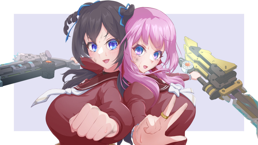 2girls, assault_lily, back-to-back, bangs, black_hair, blue_eyes, blue_ribbon, blush