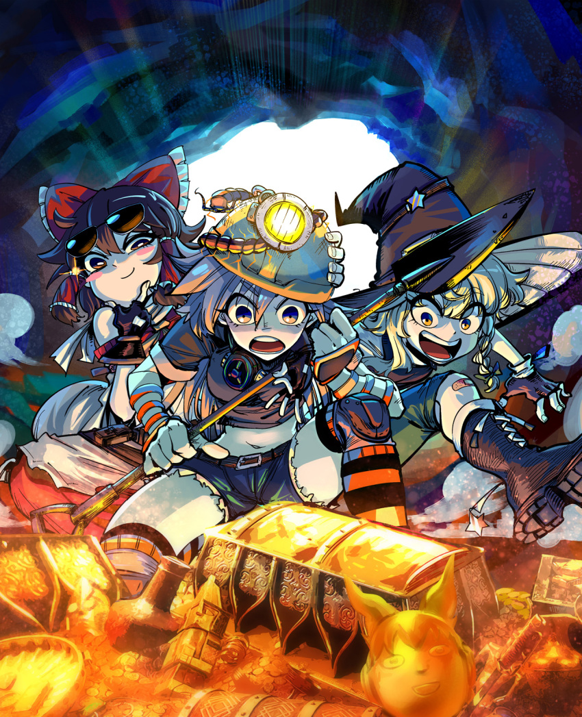 3girls, black_footwear, black_gloves, black_headwear, black_shirt, blonde_hair, boots, bow, braid, brown_eyes, brown_hair, closed_mouth, denim, denim_shorts, eyewear_on_head, fingerless_gloves, gloves, hair_bow, hair_tubes, hakurei_reimu, hardhat, hat, helmet, heran_hei_mao, highres, himemushi_momoyo, kirisame_marisa, looking_at_viewer, multiple_girls, open_mouth, red_bow, shirt, shorts, shovel, side_braid, single_braid, smile, star_(symbol), sunglasses, teeth, touhou, treasure, upper_teeth, witch_hat