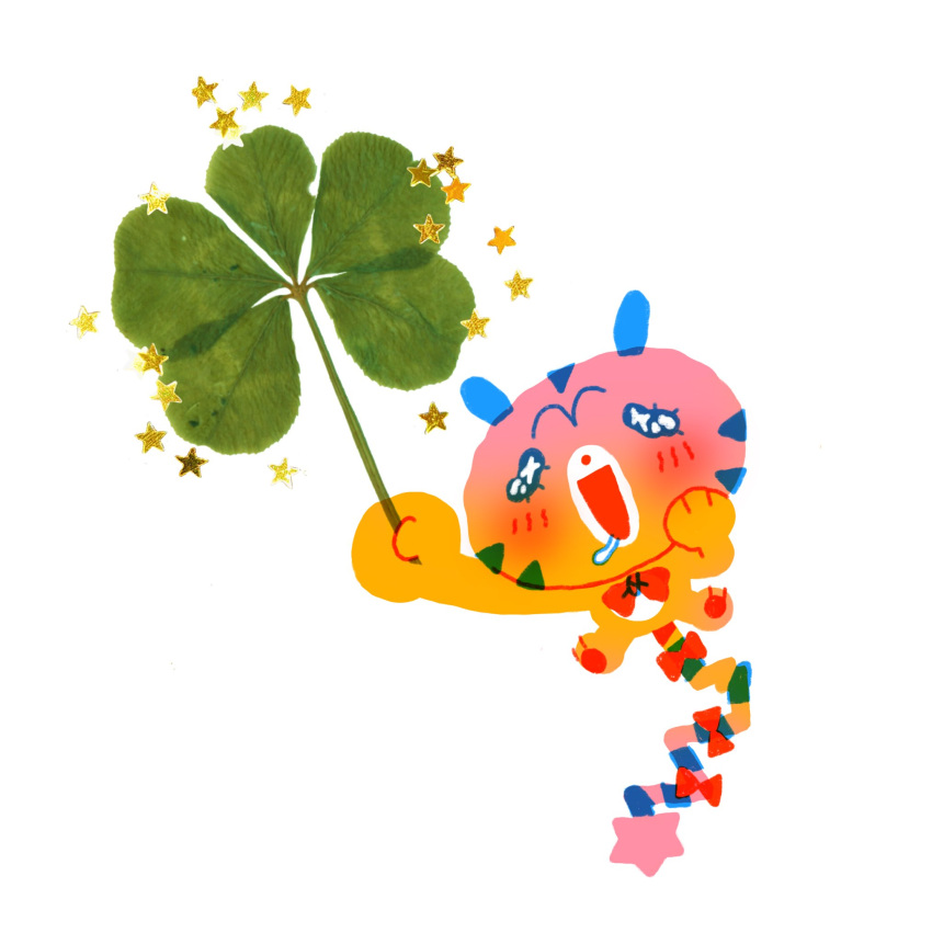 animal_ears, blush, chibi, clover, cotton_sprout, furry, happy, highres, open_mouth, original, plant, red_nose, red_ribbon, ribbon, saliva, star_(symbol), striped_tail, tail, tiger, tiger_ears, tiger_tail