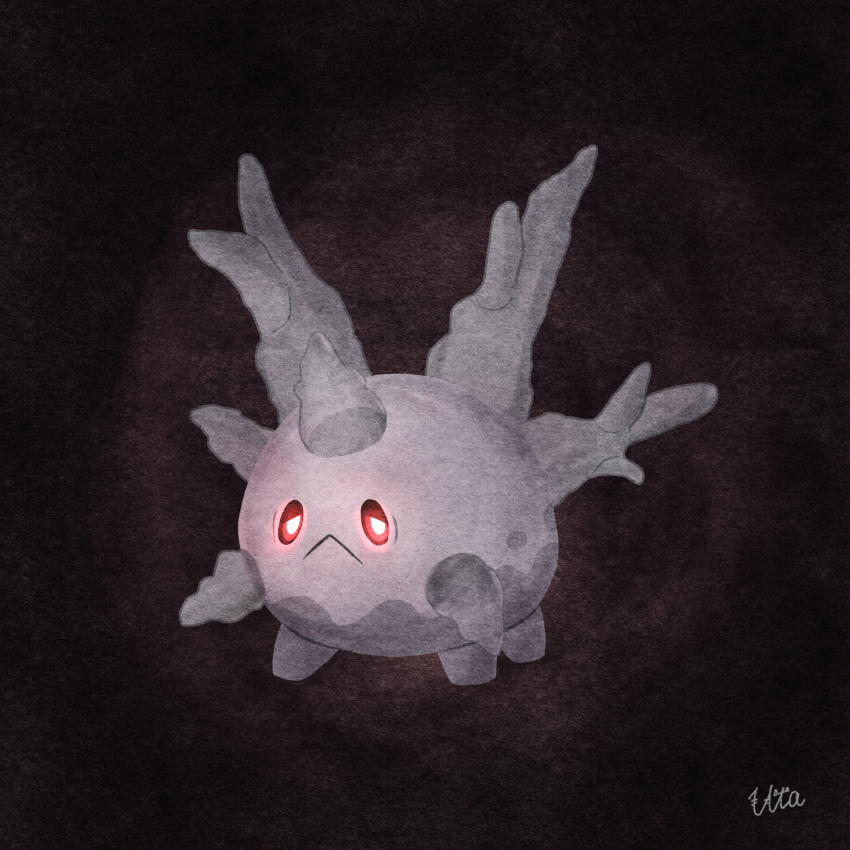 :<, black_background, bright_pupils, closed_mouth, commentary_request, frown, full_body, galarian_corsola