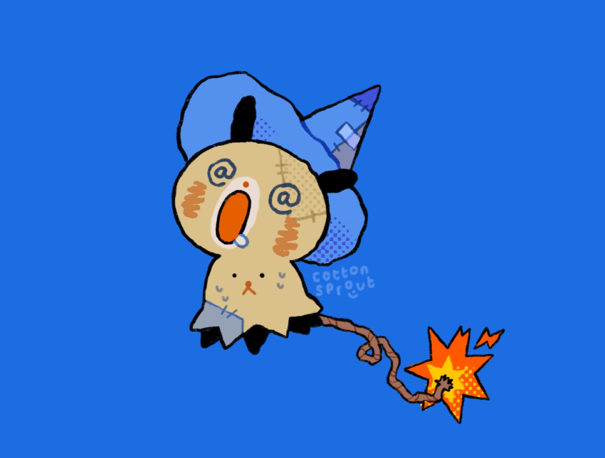 @_@, blush, cotton_sprout, fire, ghost, halloween, halloween_costume, happy_halloween, hat, highres, mimikyu, nervous, open_mouth, pink_nose, pokemon, pokemon_(creature), saliva, simple_background, thread, witch_hat