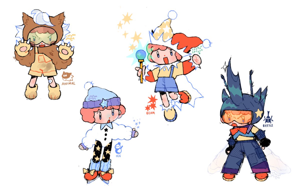 angry, animal_kirby, beam_kirby, beetle_kirby, blue_headwear, blue_pants, claws, cotton_sprout, happy, hat, helmet, horns, humanization, ice_kirby, jester_cap, kirby, kirby_(series), open_mouth, pants, pink_hair, red_footwear, ribbon, socks, star_(symbol), yellow_pants