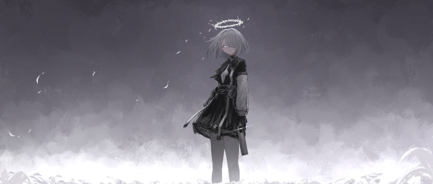 1girl, absurdres, bangs, black_dress, closed_mouth, collared_dress, dress, gradient, gradient_background, grey_theme, gun, hair_over_one_eye, halo, highres, holding, holding_gun, holding_weapon, long_sleeves, looking_at_viewer, neck_ribbon, one_eye_covered, original, ribbon, short_hair, solo, standing, susudust, weapon, white_eyes, white_hair