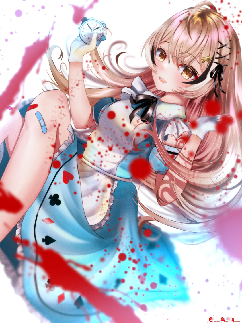 1girl, ahoge, alice_(alice_in_wonderland), alice_(alice_in_wonderland)_(cosplay), alice_in_wonderland, apron, bandage_on_knee, bangs, blood, blood_splatter, blue_dress, brown_eyes, brown_hair, cosplay, dress, frilled_dress, frills, gloves, hair_ornament, hair_ribbon, hairclip, highres, hololive, hololive_english, kronie_(ouro_kronii), lily_lily, long_hair, looking_at_viewer, multicolored_hair, nanashi_mumei, pocket_watch, ribbon, streaked_hair, very_long_hair, virtual_youtuber, watch, white_gloves
