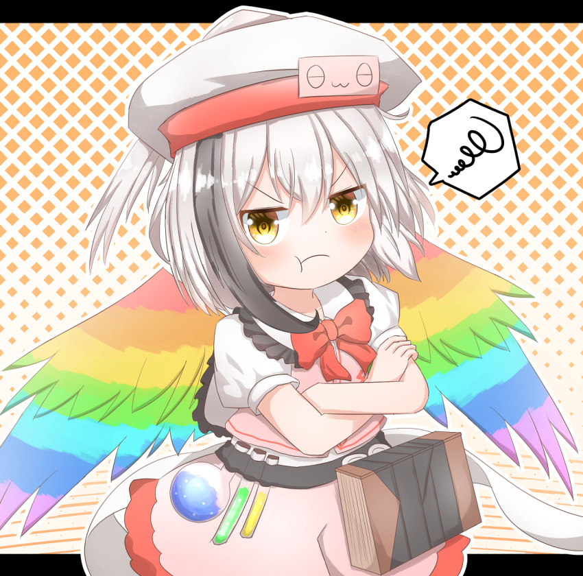 1girl, :t, black_hair, closed_mouth, collared_shirt, commentary_request, coruthi, cowboy_shot, crossed_arms, frills, hat, highres, hollow_song_of_birds, multicolored_hair, neck_ribbon, pink_shorts, pink_vest, pout, puffy_short_sleeves, puffy_sleeves, rainbow_wings, red_ribbon, ribbon, shirt, short_hair, short_sleeves, shorts, solo, torisumi_horou, touhou, vest, white_hair, white_headwear, white_shirt, wings, yellow_eyes