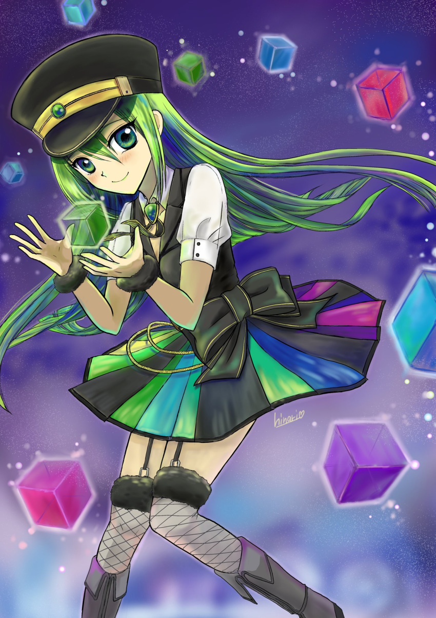 1girl, alina_gray, aqua_eyes, black_bow, black_headwear, black_necktie, black_thighhighs, black_vest