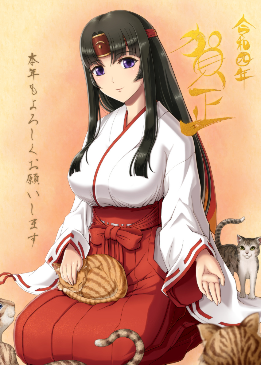 1girl, absurdres, animal_on_lap, black_hair, breasts, cat, cat_on_lap, closed_mouth