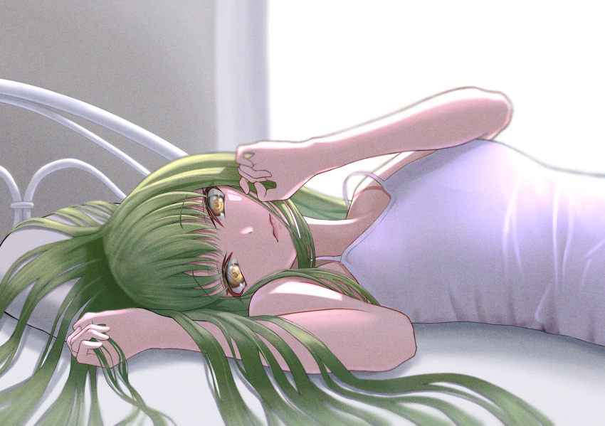 1girl, bangs, bed_sheet, c.c., closed_mouth, code_geass, green_hair, harupuri913