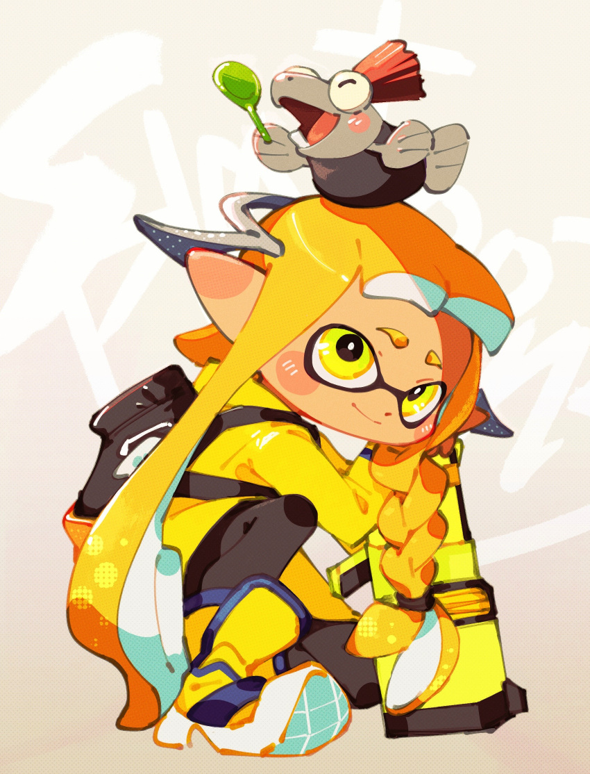 1girl, absurdres, agent_3_(splatoon_3), asymmetrical_hair, boots, braid, closed_mouth, gradient, gradient_background, hero_shot_(splatoon_3), highres, inari1369, inkling, inkling_girl, little_buddy_(splatoon), long_hair, long_sleeves, on_head, orange_hair, pointy_ears, salmonid, smallfry_(splatoon), smile, splatoon_(series), splatoon_3, spoon, squidbeak_splatoon, suction_cups, tentacle_hair, yellow_eyes