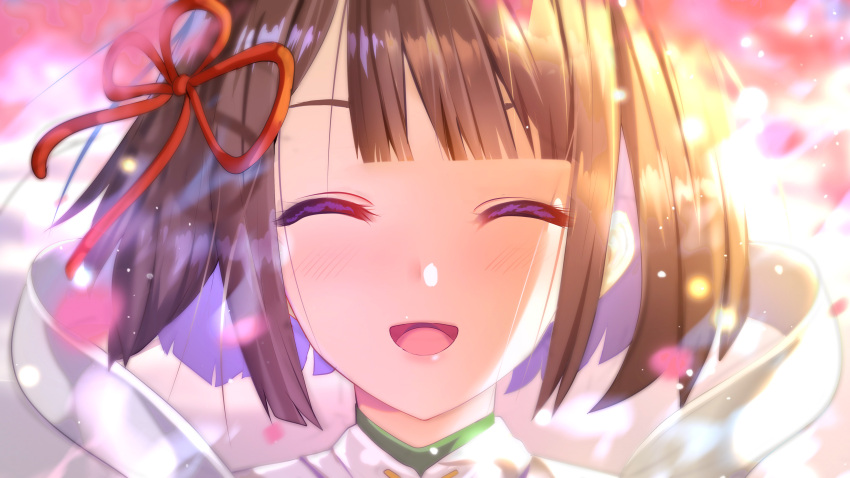 1girl, :d, absurdres, brown_hair, close-up, closed_eyes, facing_viewer, hair_ribbon