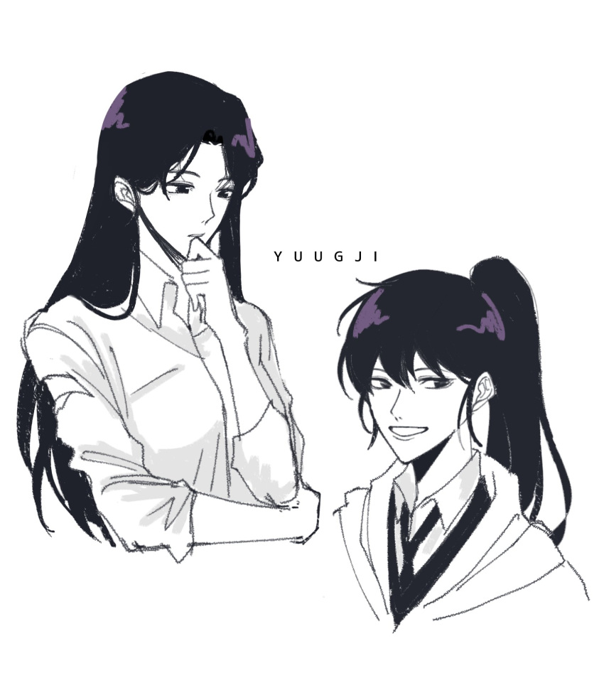 2girls, artist_name, bangs, collared_shirt, greyscale, hair_between_eyes, hand_on_own_chin, highres, jihye_lee, jung_heewon, long_hair, long_sleeves, looking_to_the_side, monochrome, multiple_girls, necktie, omniscient_reader's_viewpoint, open_mouth, ponytail, shirt, simple_background, smile, upper_body, white_background, yuugji