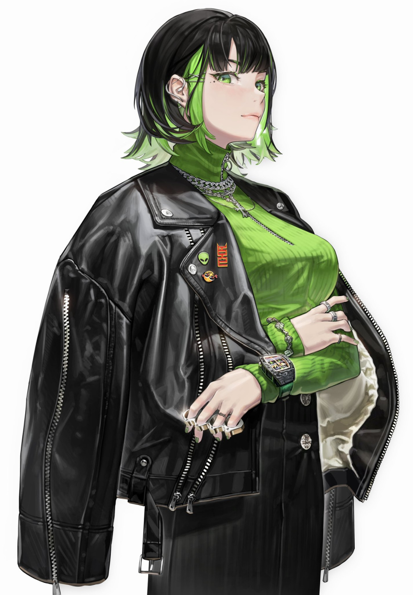 1girl, earrings, green_eyes, green_sweater, hair_ornament, hairpin, highres, jacket