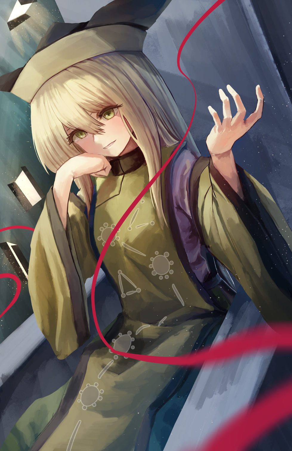 1girl, bad_link, bangs, blonde_hair, blue_background, brown_tabard, chair, closed_mouth