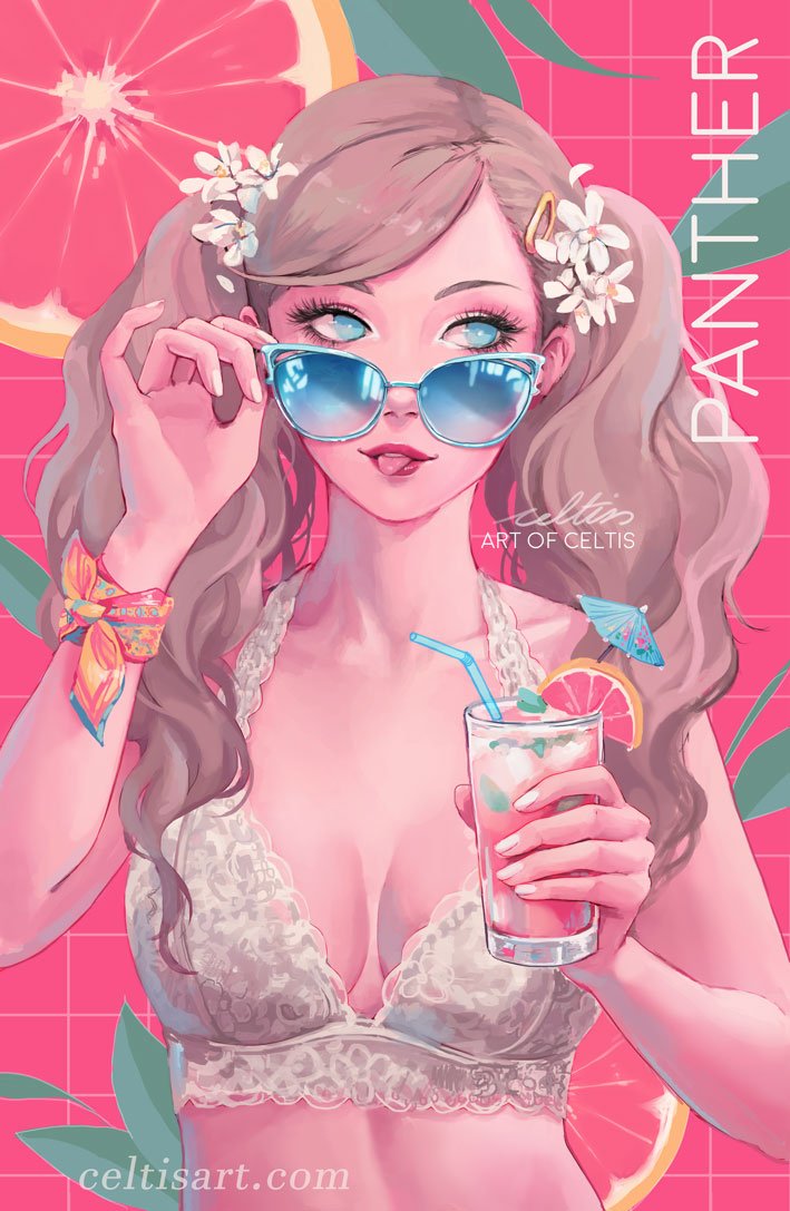 1girl, adjusting_eyewear, blonde_hair, blue-framed_eyewear, blue_eyes, celtisart, cocktail_umbrella, drink