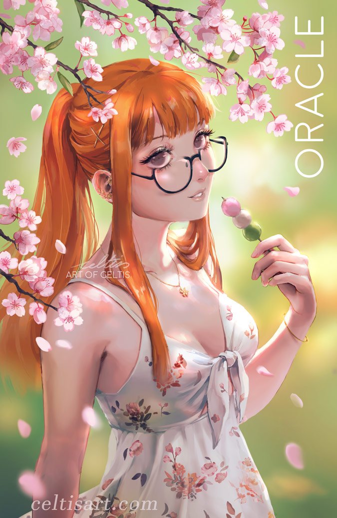 1girl, alternate_hairstyle, bare_shoulders, black-framed_eyewear, brown_eyes, celtisart, dango, dress, ear_piercing, floral_print, food, front-tie_top, jewelry, necklace, orange_hair, persona, persona_5, petals, piercing, ponytail, sakura_futaba, sidelocks, solo, standing, stick, upper_body, wagashi