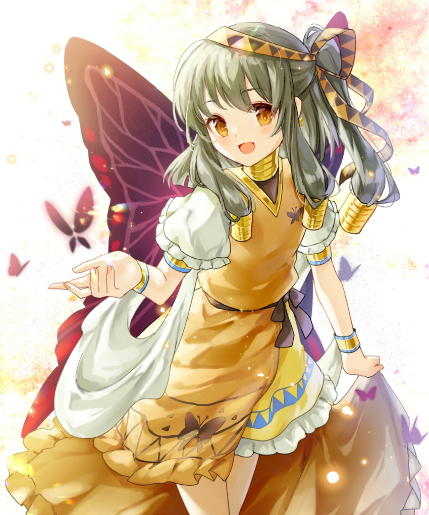 1girl, akinomiya_asuka, brown_ribbon, bug, butterfly, butterfly_wings, choker, commentary_request, cowboy_shot, dress, green_hair, hair_ornament, hair_ribbon, hand_up, highres, hollow_song_of_birds, long_hair, nebet_tefet, open_mouth, orange_dress, puffy_short_sleeves, puffy_sleeves, ribbon, short_sleeves, smile, touhou, wings, yellow_dress, yellow_eyes