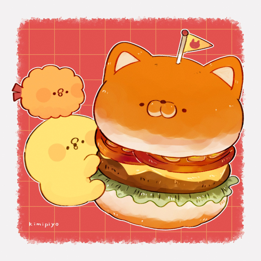 2others, animal-shaped_food, artist_name, bird, blush_stickers, border, burger, character_name