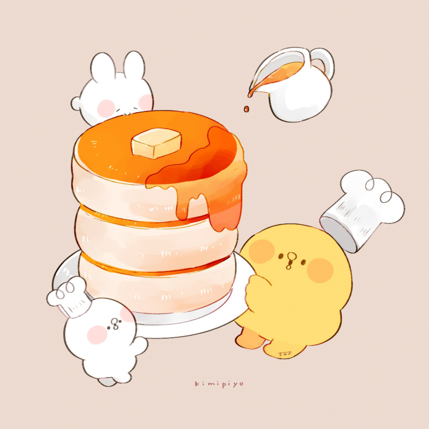 3others, artist_name, bird, blush_stickers, brown_background, butter, character_name, chef_hat