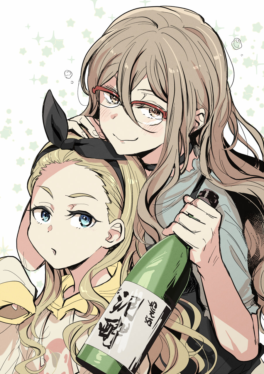 2girls, alcohol, black_hairband, blonde_hair, blue_eyes, bottle, brown_hair, drunk
