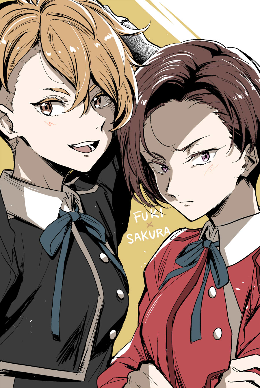 2girls, black_hair, brown_eyes, brown_hair, character_name, crossed_arms, hair_between_eyes, harukawa_fuki