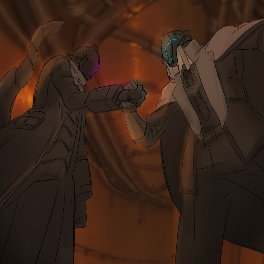 2boys, absurdres, arm_at_side, belt, black_coat, black_gloves, blandji, blurry