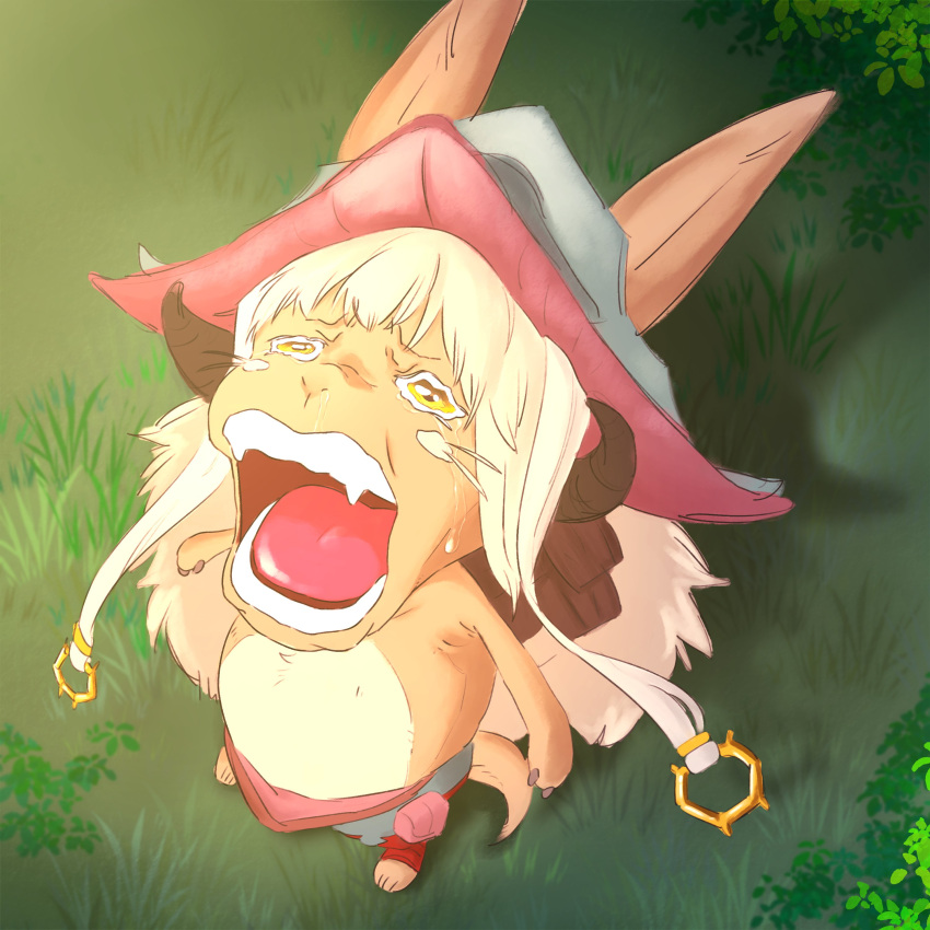 1other, absurdres, animal_ears, animal_feet, animal_hands, animal_nose, arms_at_sides, bangs, barefoot, blandji, body_fur, brown_fur, chopper_crying_(meme), commentary, crying, day, derivative_work, ears_through_headwear, english_commentary, fake_horns, fangs, from_above, full_body, furry, grass, helmet, highres, horned_helmet, horns, long_hair, looking_up, made_in_abyss, manga_panel_redraw, meme, mixed-language_commentary, multicolored_clothes, multicolored_headwear, nanachi_(made_in_abyss), one_piece, open_mouth, other_focus, outdoors, sidelocks, sketch, solo, standing, sunlight, tail, tears, teeth, tongue, topless, two-tone_fur, wavy_eyes, whiskers, white_fur, white_hair, yellow_eyes