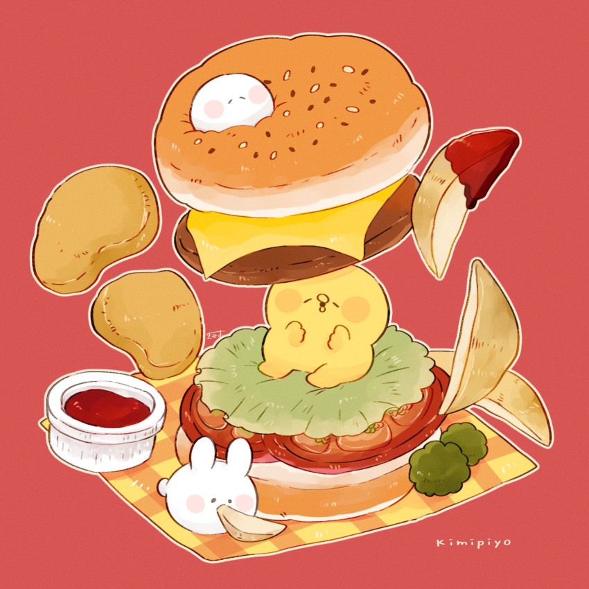 3others, bird, blush_stickers, bread_bun, burger, character_name, cheese, chick