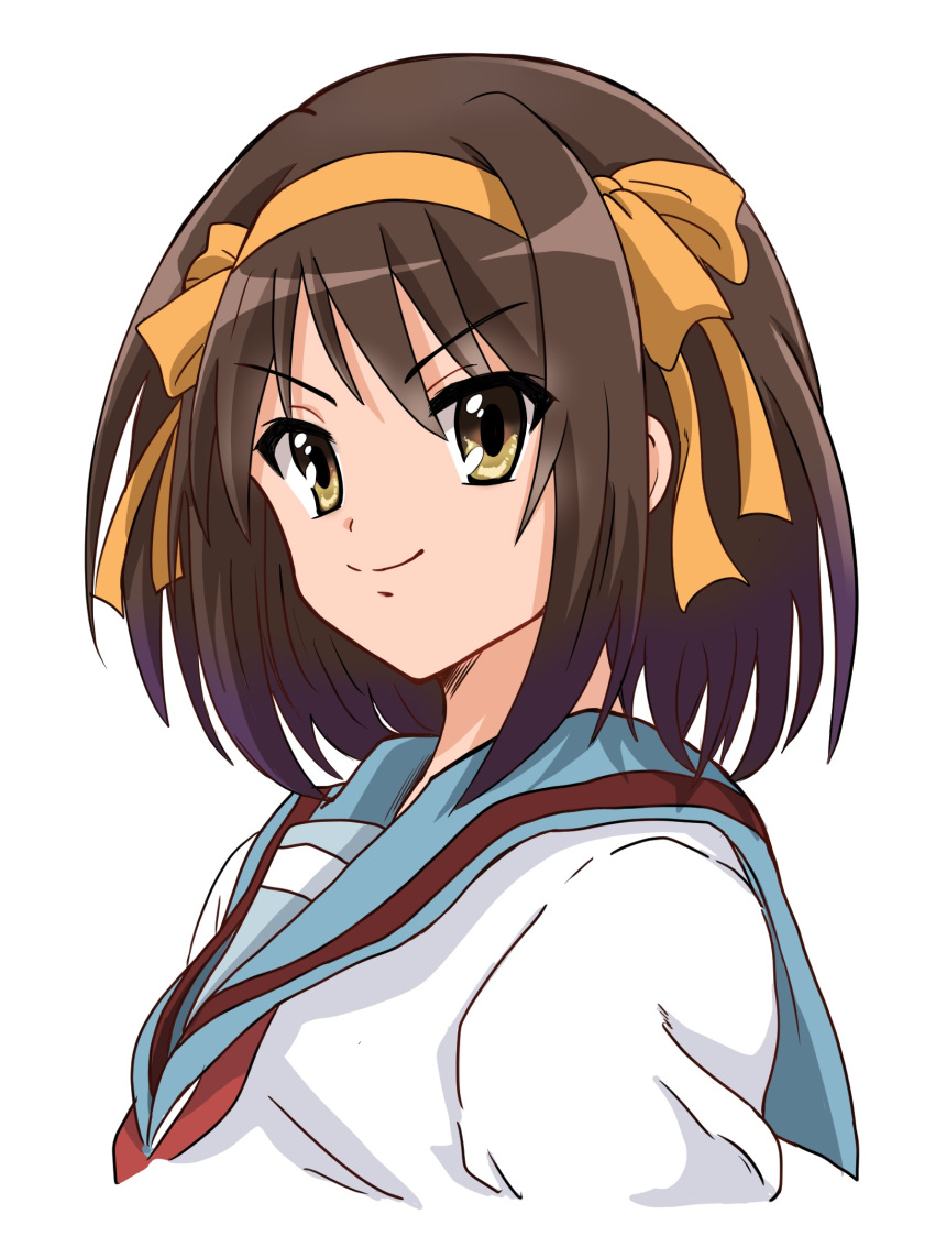 1girl, blue_sailor_collar, breasts, brown_eyes, brown_hair, closed_mouth, hair_ribbon, hairband
