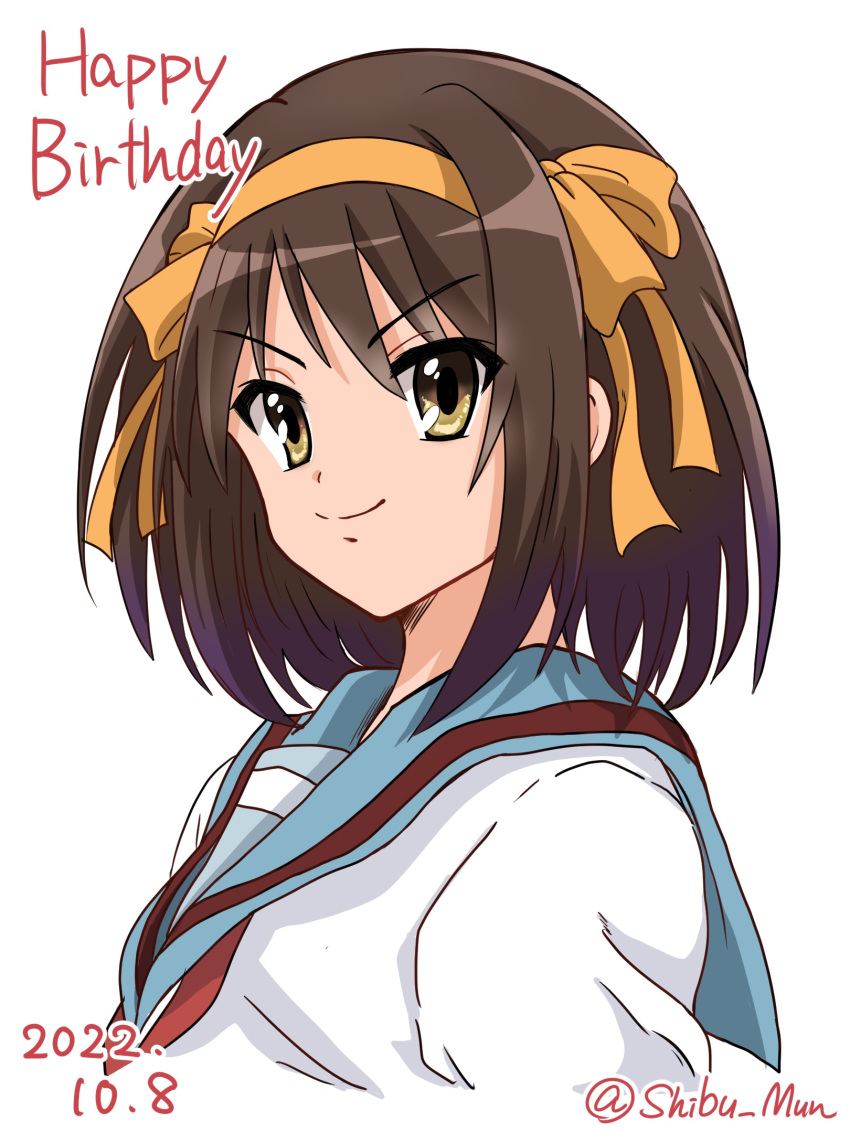 1girl, blue_sailor_collar, breasts, brown_eyes, brown_hair, closed_mouth, dated, hair_ribbon
