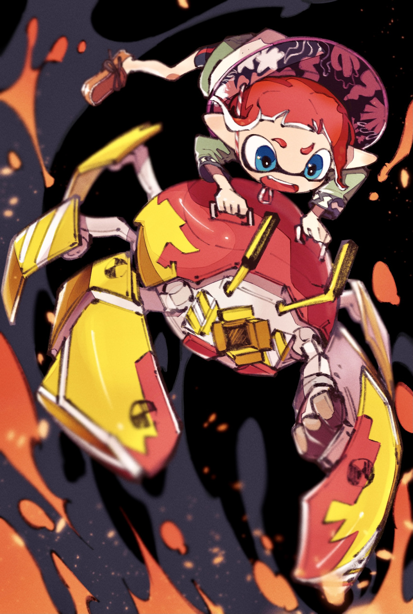 1girl, bike_shorts, black_shorts, blue_eyes, chin_strap, crab_tank_(splatoon), fang, hat