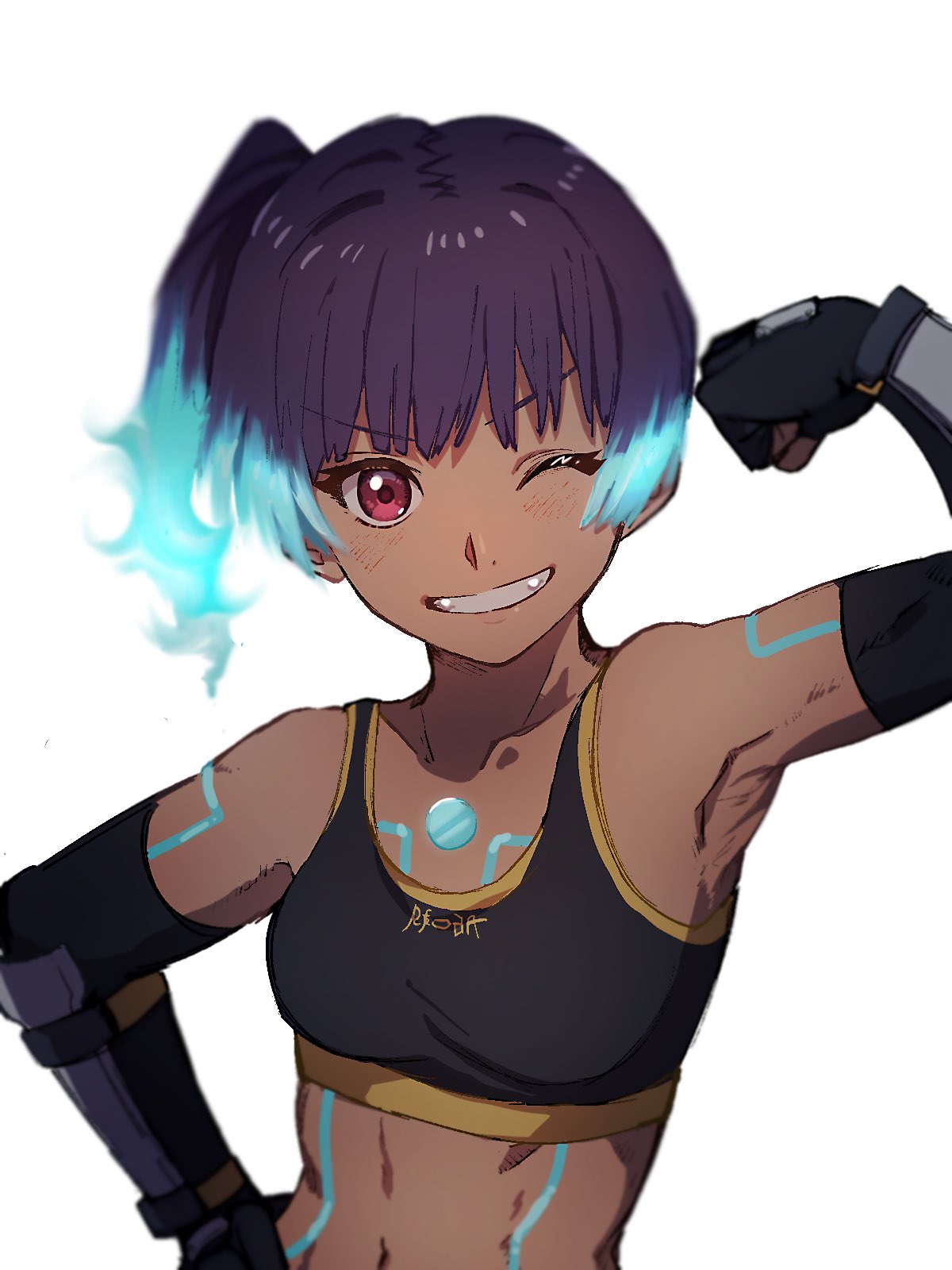 1girl, blue_hair, breasts, chest_jewel, elbow_gloves, fiery_hair, flexing, gloves, grin, hand_on_hip, highres, midriff, omiya599, one_eye_closed, pose, red_eyes, sena_(xenoblade), small_breasts, smile, sports_bra, toned, white_background, xenoblade_chronicles_(series), xenoblade_chronicles_3