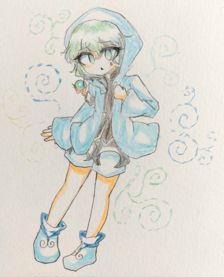 1other, androgynous, bangs, blue_footwear, blue_jacket, blue_shorts, full_body, green_eyes, green_hair, hand_up, highres, hood, hood_up, hooded_jacket, jacket, len'en, log_nokorimono, long_sleeves, photo_(medium), shitodo_aoji, short_hair, shorts, solo, sweat, traditional_media, triangle_mouth