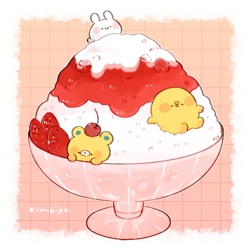 3others, artist_name, bear, bird, cherry, chick, chicken, closed_eyes
