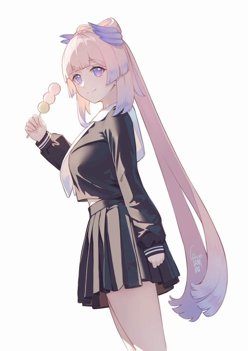 1girl, absurdres, alternate_costume, black_shirt, black_skirt, blue_hair, bow-shaped_hair, clenched_hand