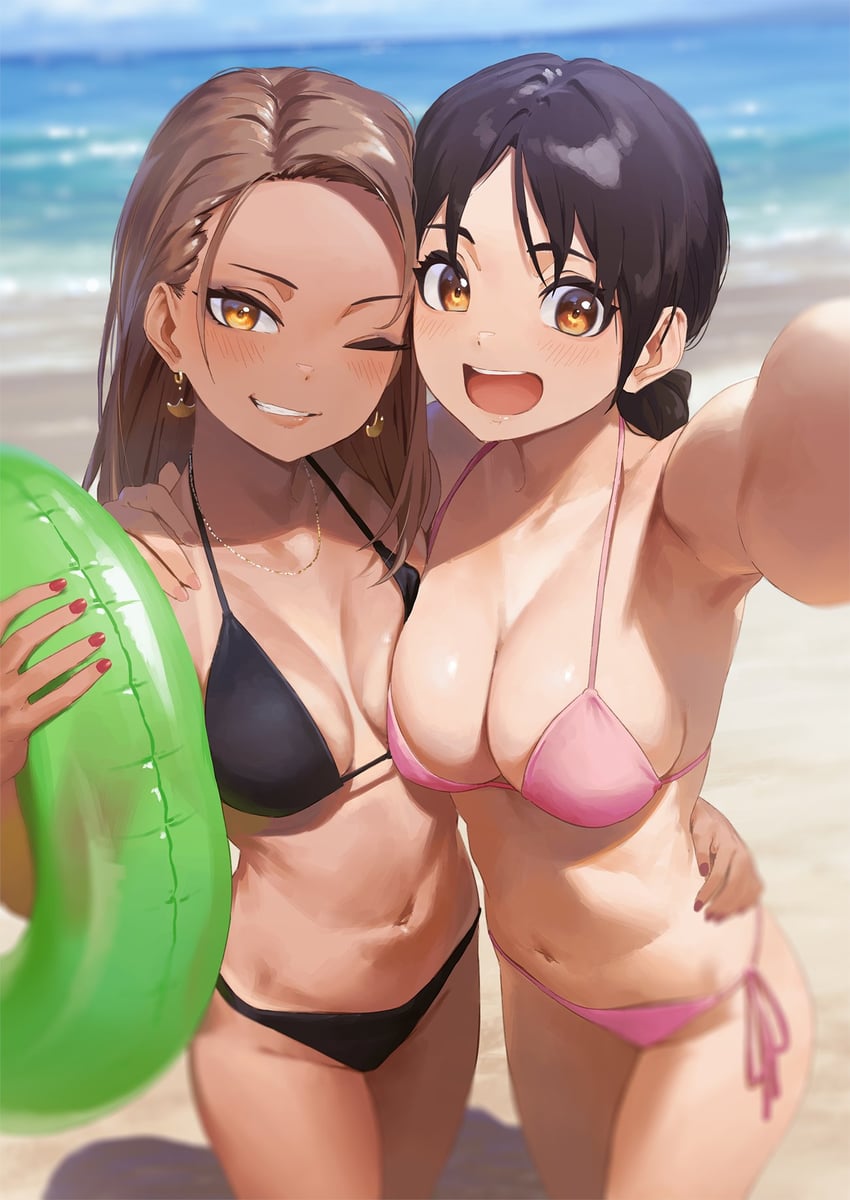 2girls, armpits, asymmetrical_docking, beach, bikini, black_bikini, black_hair, blurry, blurry_background, breast_press, breasts, brown_eyes, brown_hair, cleavage, collarbone, cowboy_shot, earrings, forehead, grin, hand_around_waist, highres, holding, holding_innertube, innertube, jewelry, kinta_(distortion), large_breasts, linea_alba, long_hair, looking_at_viewer, medium_breasts, multiple_girls, necklace, ocean, one_eye_closed, open_mouth, original, pink_bikini, sand, selfie, smile, swimsuit