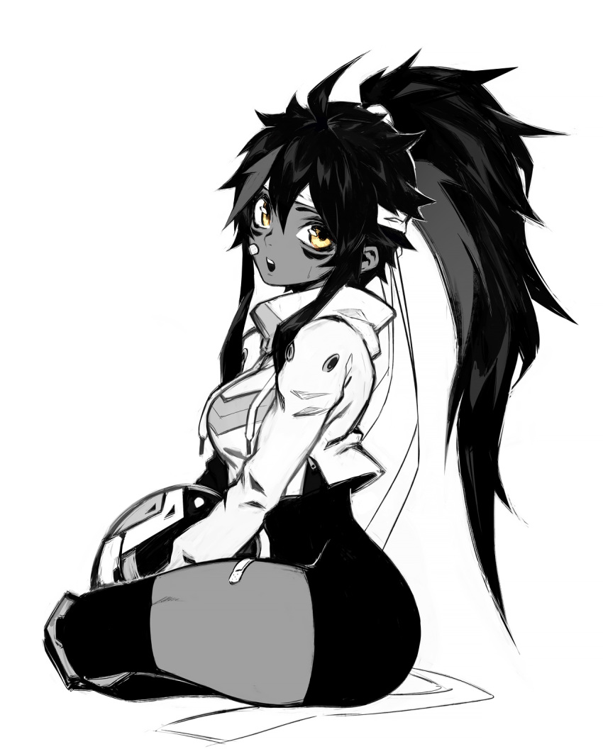 bandaid, bandaid_on_face, bandaid_on_leg, black_hair, dark-skinned_female, dark_skin, headband, helmet
