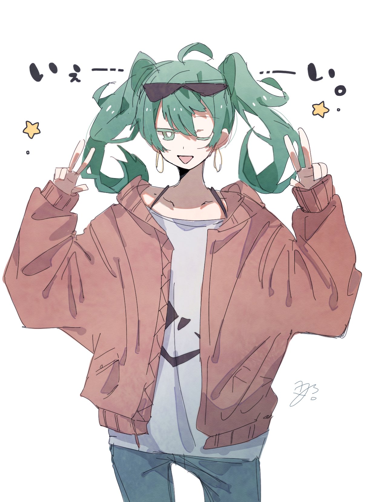 1girl, ahoge, aqua_eyes, aqua_hair, blue_pants, colored_eyelashes, commentary_request, double_v, eyewear_on_head, hane_(kakuhane), hatsune_miku, highres, jacket, long_hair, pants, red_jacket, shirt, simple_background, solo, suna_no_wakusei_(vocaloid), sunglasses, twintails, v, vocaloid, white_background, white_shirt